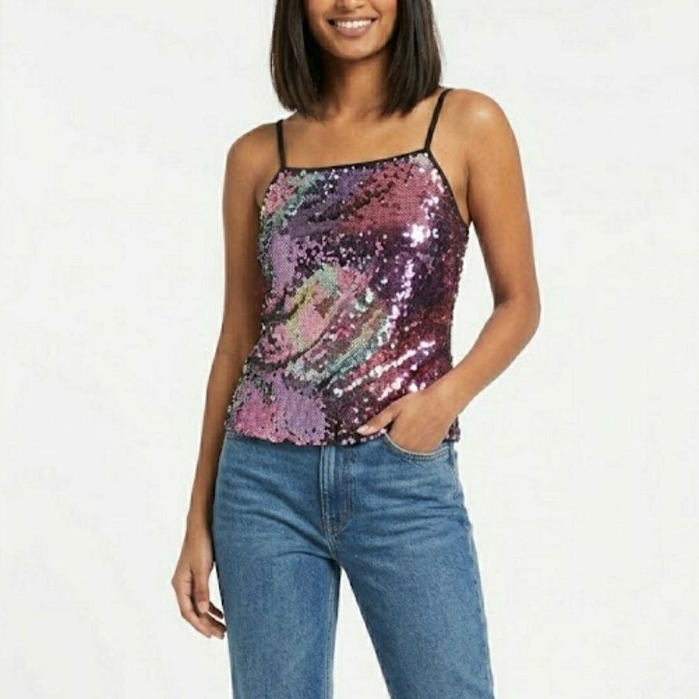 Express Y2K Shimmering Pink & Purple Sequin Camisole Tank Top